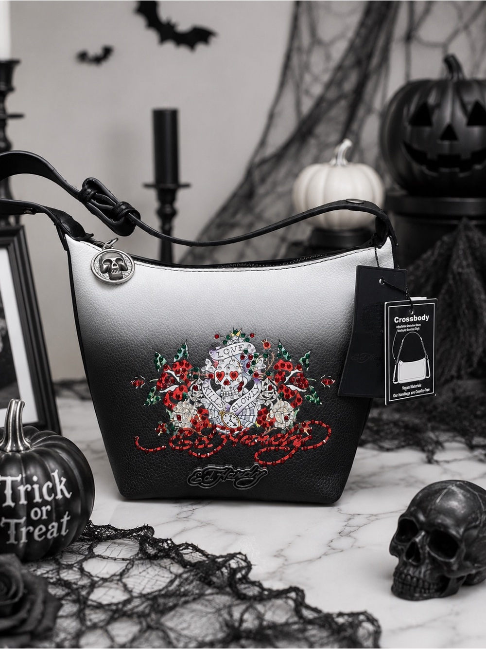 Ed Hardy Black to White Ombre Crossbody Bag with Embellished Skull Floral Motif
